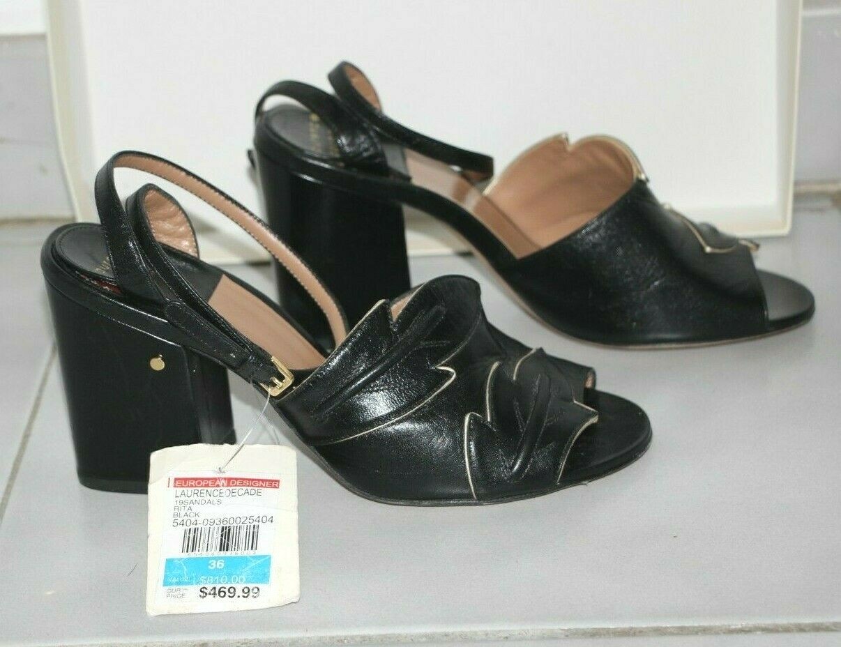 LAURENCE DACADE Rita Embossed Black Gold 3.5″ Heel Sandals sz US 6/IT 36 $810