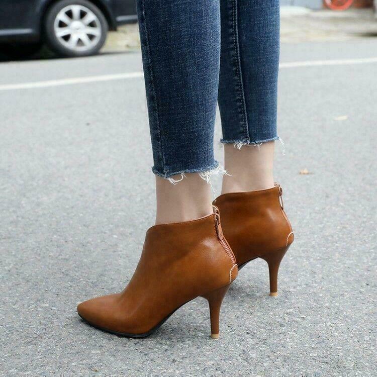 Womens High Heels Ankle Boots Back Zipper Faux Leather Dress Casual Party Shoes