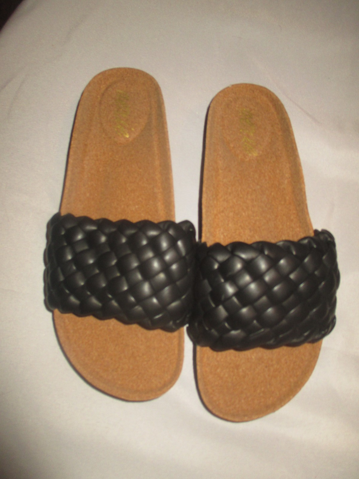 AERIE womens SZ 9 black weaved slip on cork heel sandals