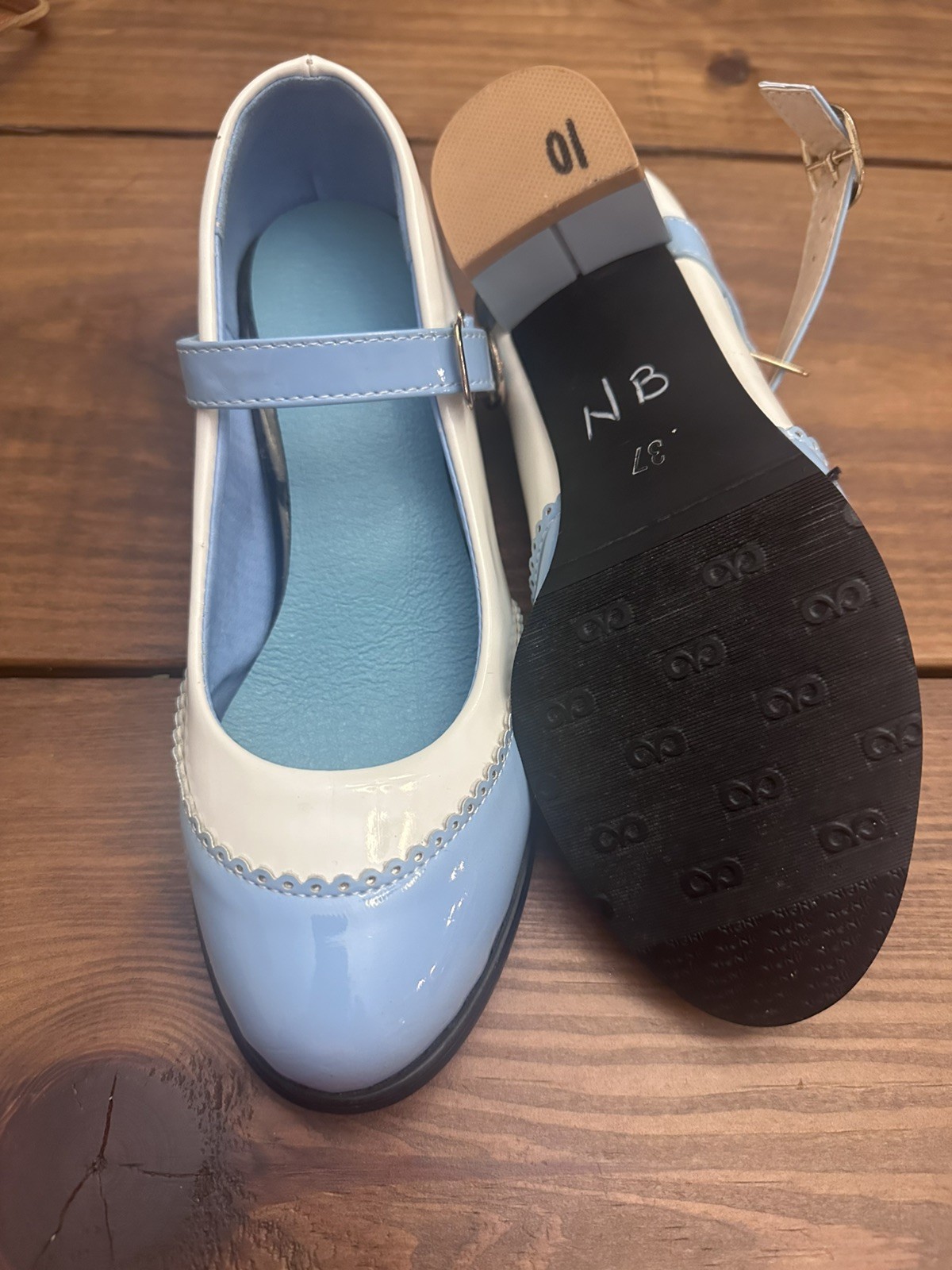 JINPIN Womens Retro Mary Jane Dress Block Heel Pumps Shoes Blue White Size 6.5