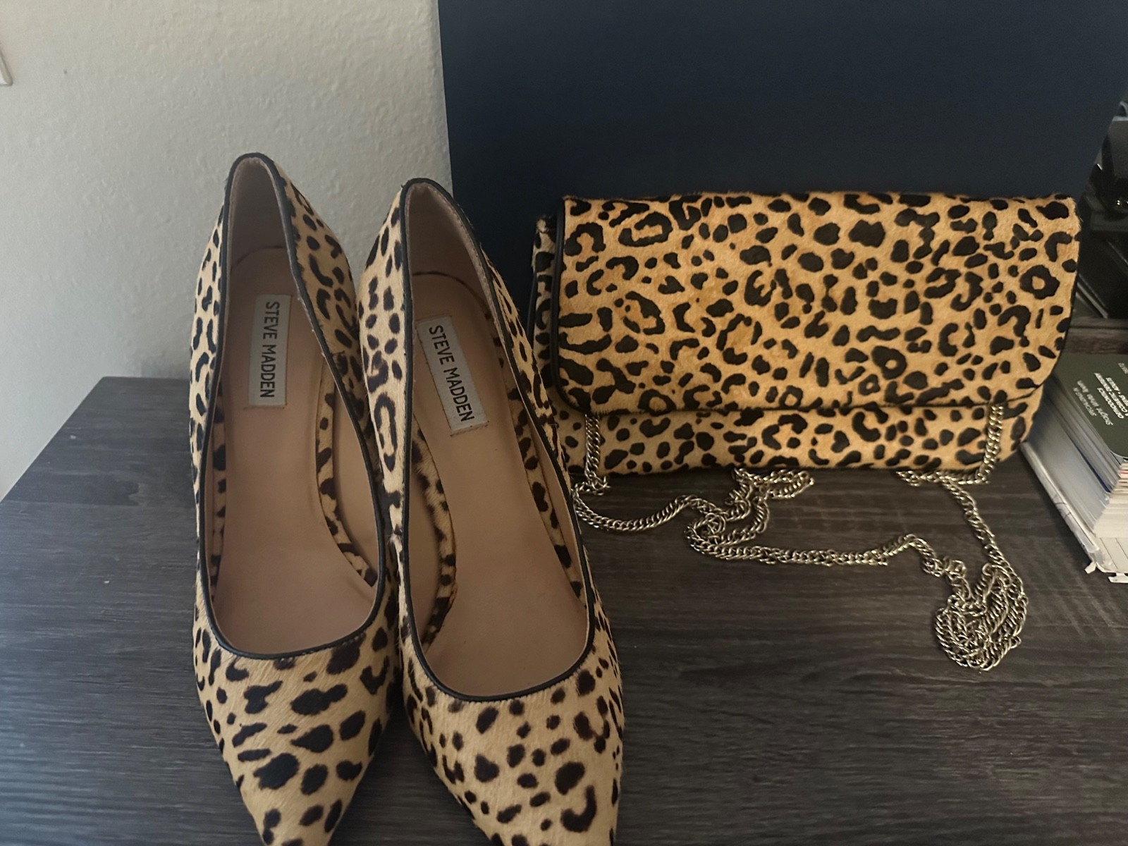Steve Madden leopard print calf hair pumps and matching clutch set