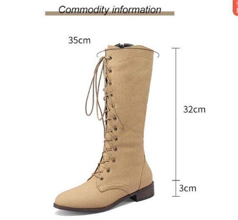 Women’s Mid Calf Boots Punk Casual Shoes Flat Lace Up Side Zip Riding Outdoor SZ