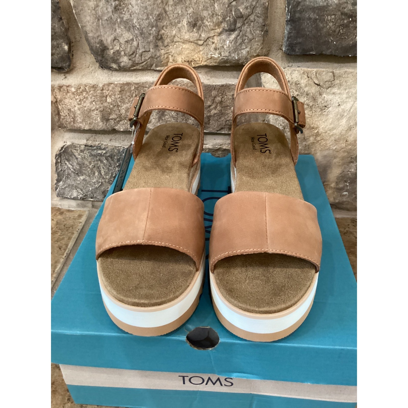 TOMS Diana Tan Leather Platform Wedge Sandals 10019757 Womens Size 7.5 New