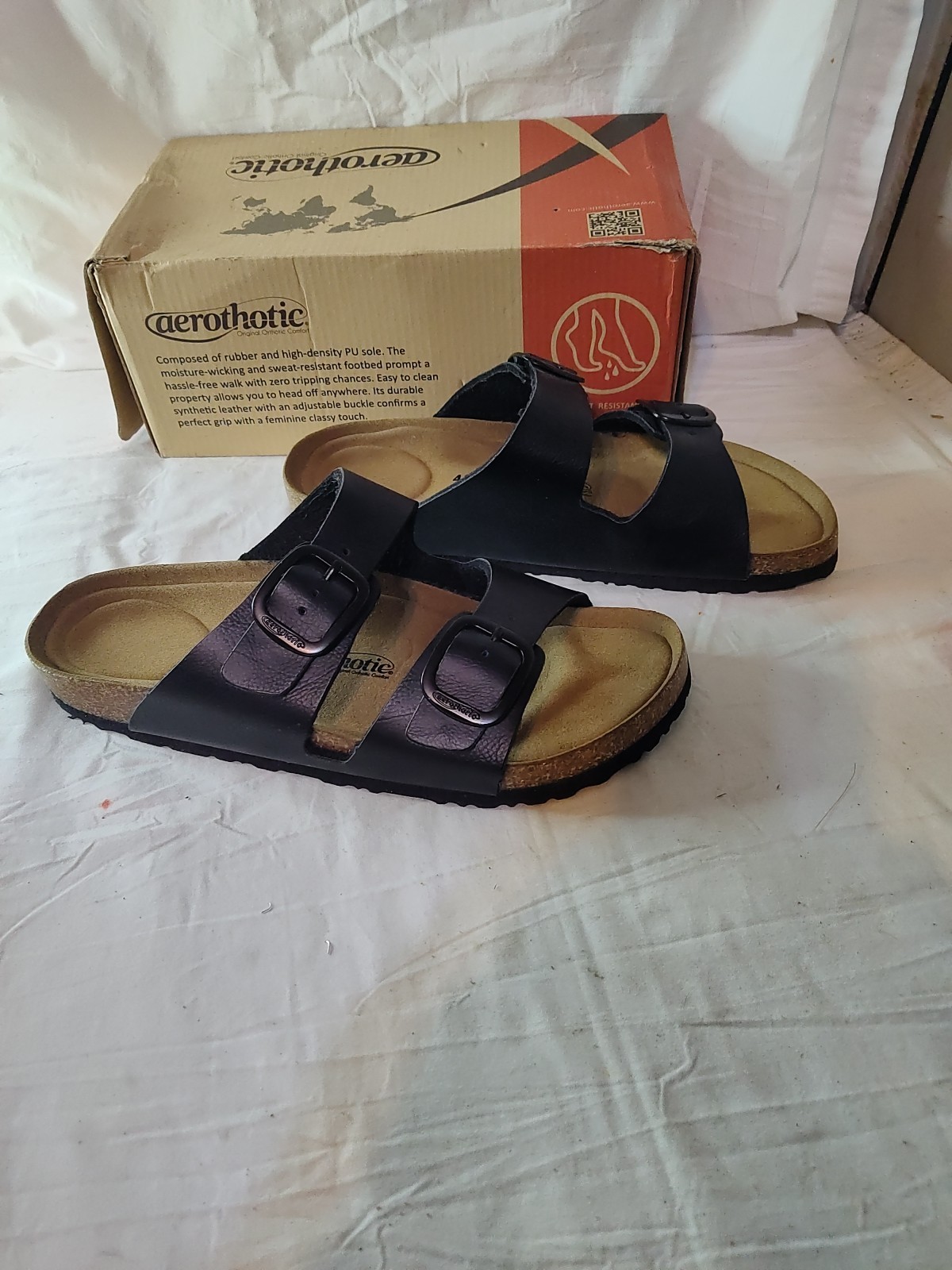 Aerothotic Cork Slides Womens Sz 10 Black Synthetic Leather Adjustable Straps