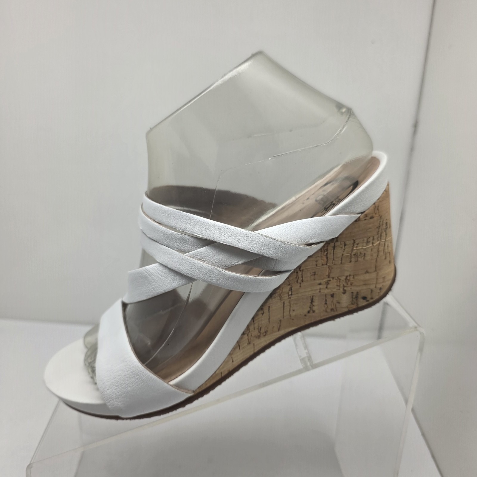 Abeo Sandals Women’s White Leather Cork Wedge Strappy Comfort Size 8 N Narrow