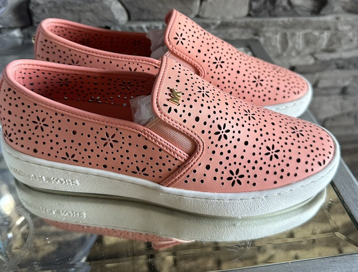 Michael Kors Women’s Pink Leather Floral Perforated Slip-On Flats Logo 7