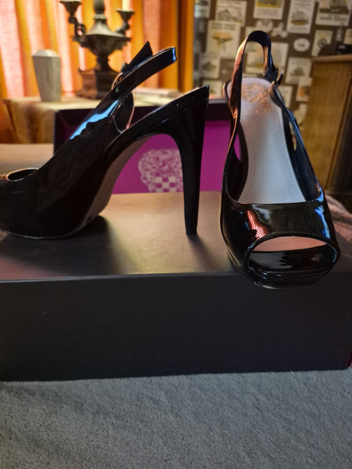 Vince Camuto Black Patent Leather Slingback Open Toe Stiletto Heels 8.5