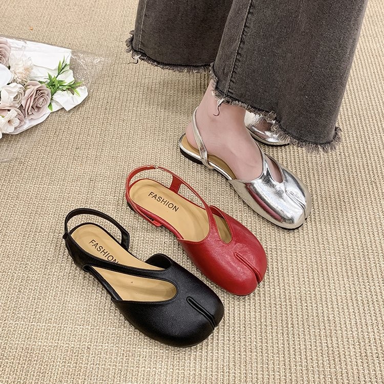 Women’s Leather Split Toe Slingback Flats T-Strap Cutout Backless Mule Sandals