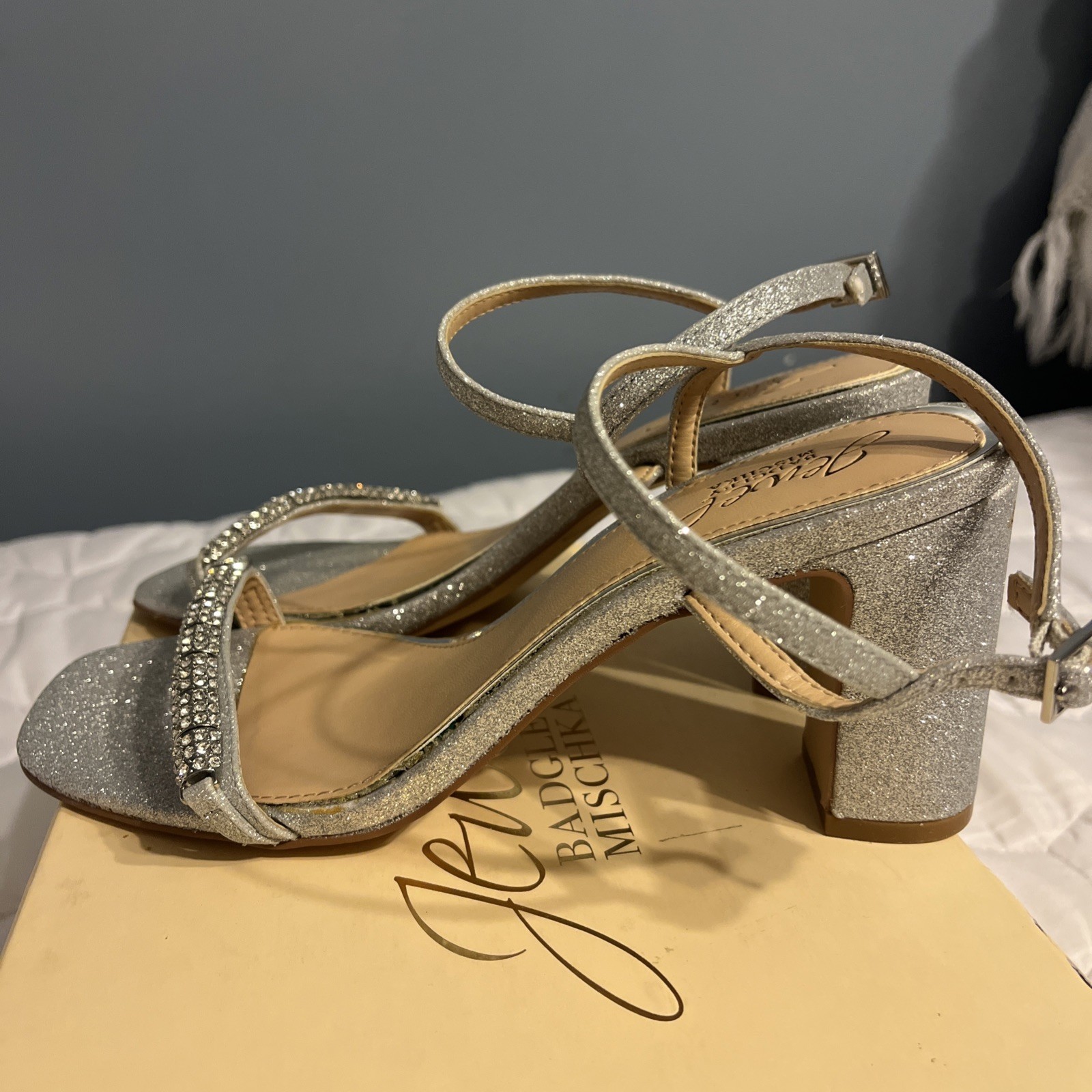 JEWEL BADGLEY MISCHKA Women’s Charlee Embellished Glitter Block Heel Sandals