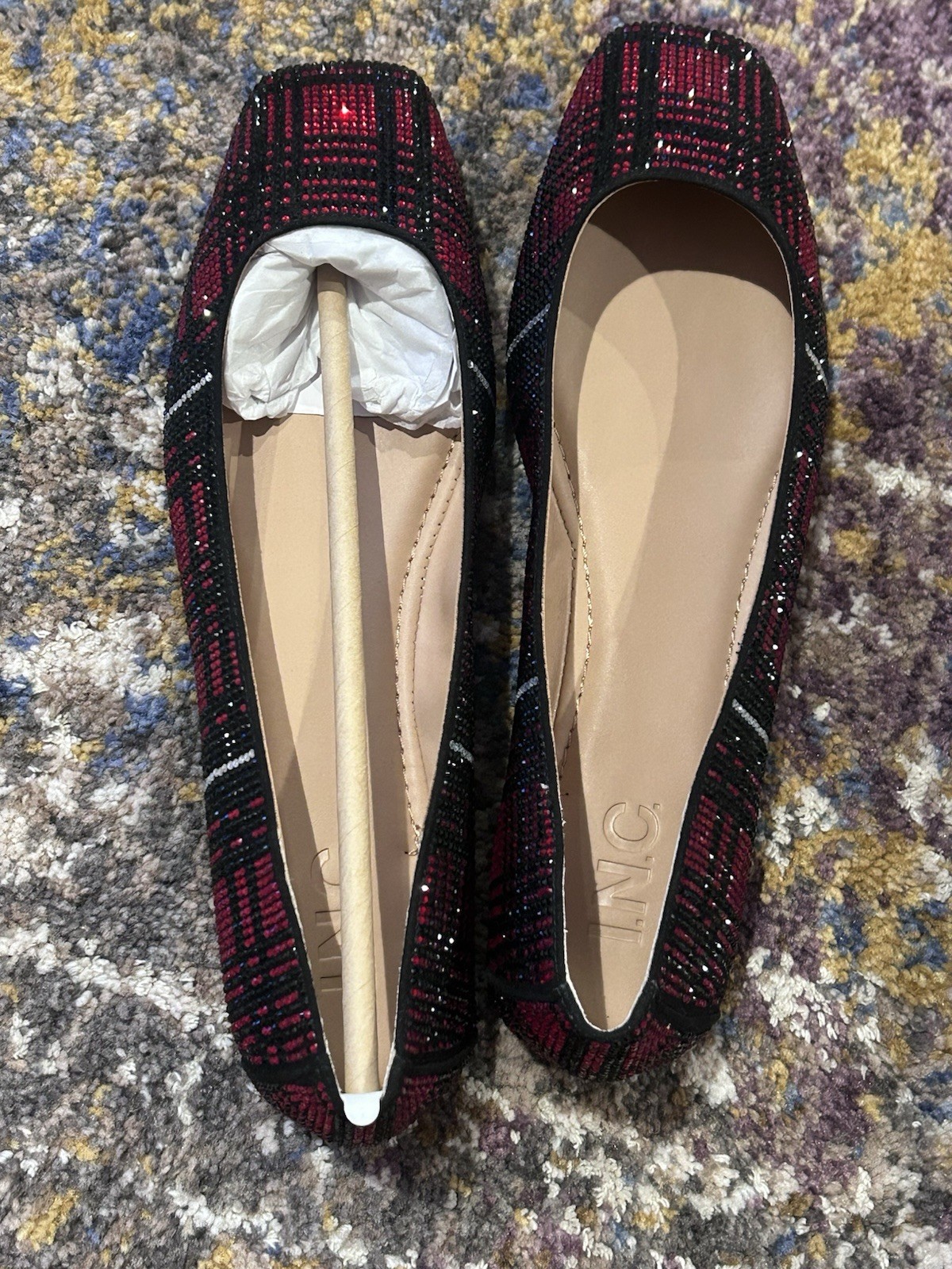 I.N.C. International Concepts Women’s Red/Black Plaid Rhinestone Ballet Flats 8M