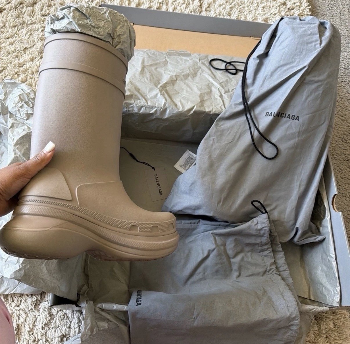 Balenciaga Crocs Boot Beige Knee High Rubber Rain Boot Logo Pull On EU 38