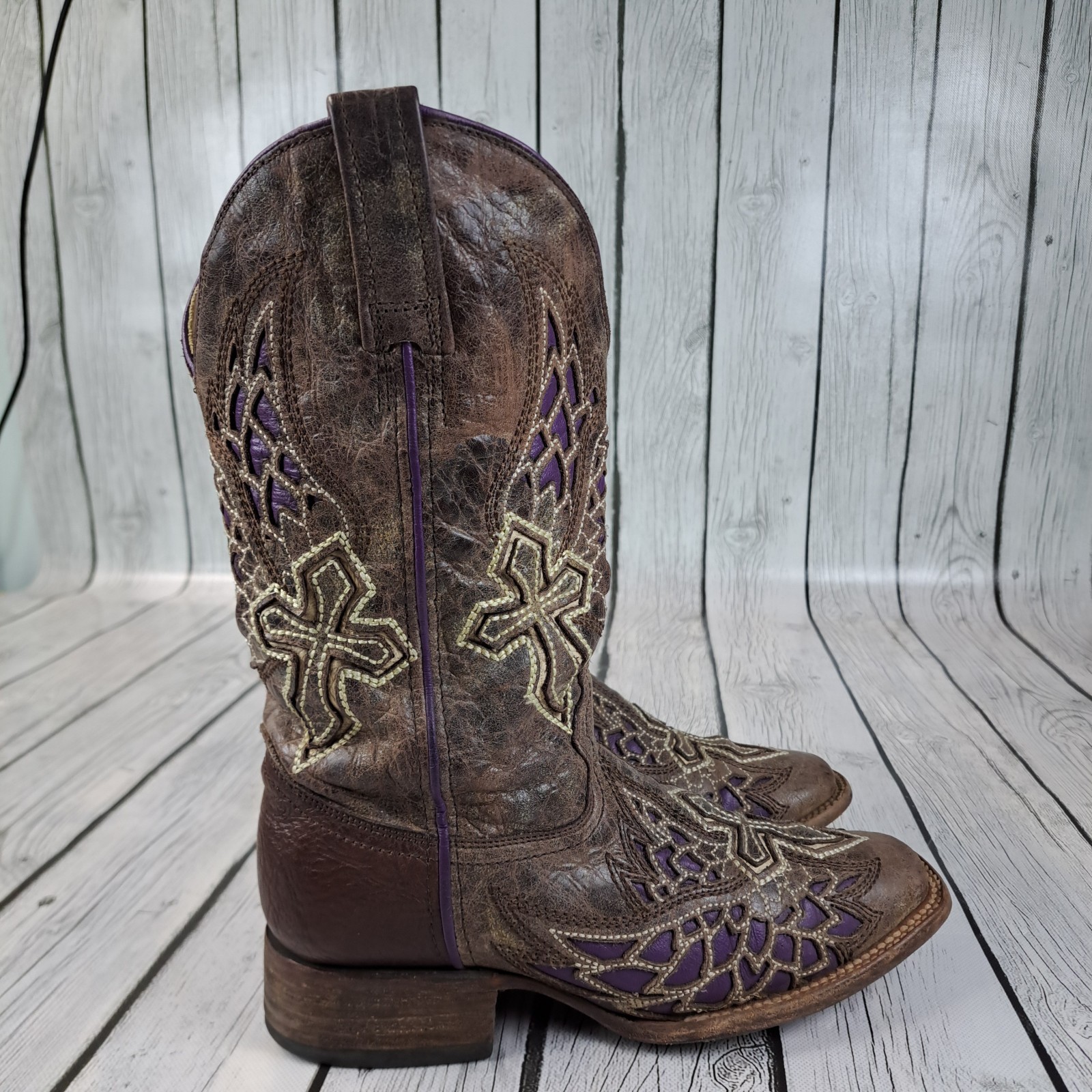 Corral Vintage Cowboy Boots Womens 7 M Brown Purple Angel Wings Cross Leather