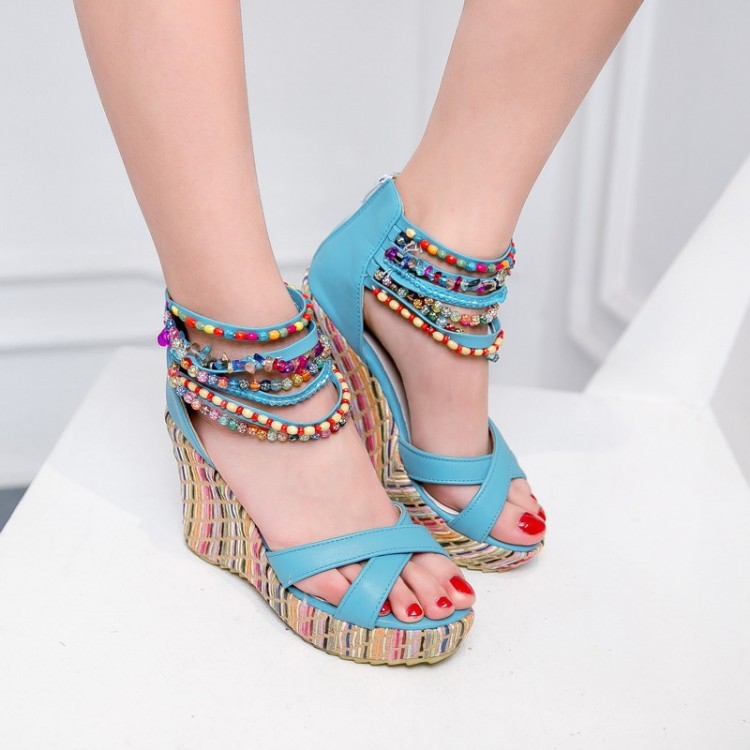 Bohemian Women’s High Wedge Heesl Beaded Sandals Shoes Plus Size Buckle Platform