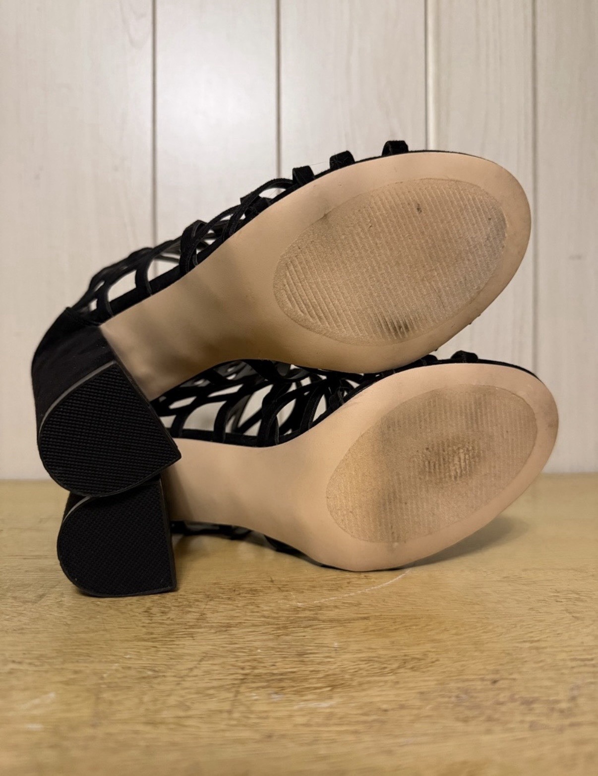 n by Nicole Miller Black Suede Strappy Studded Block Heel 10M