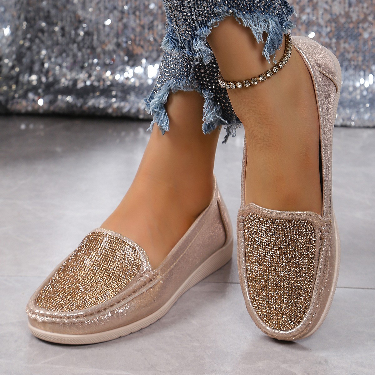 Men’s Loafers Flat Glitter Rhinestone Round Toe Causal Mary Janes Shoes Slip On