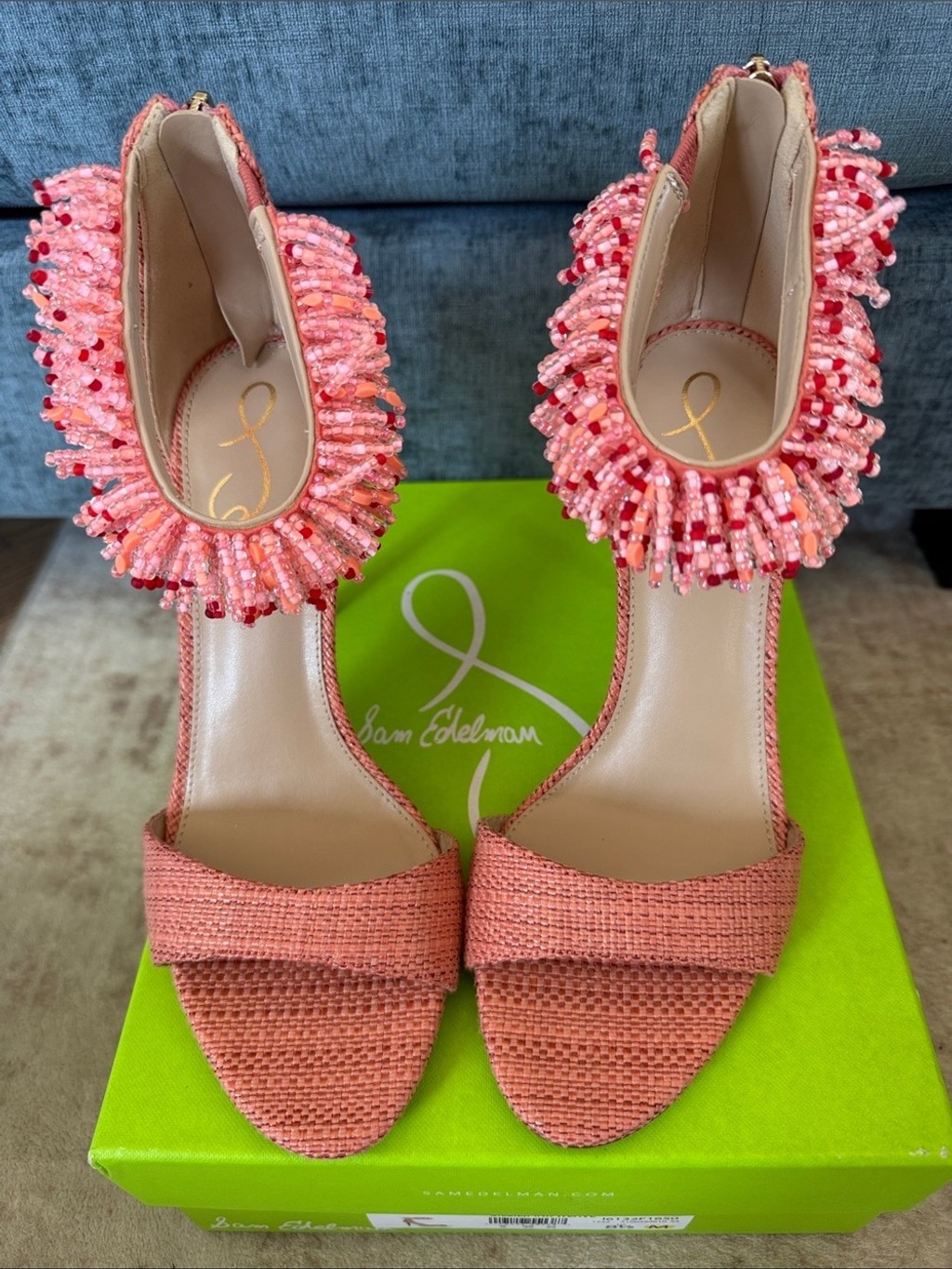Sam Edelman Gillie Gladiator Coral Beaded Ankle-Strap Heels