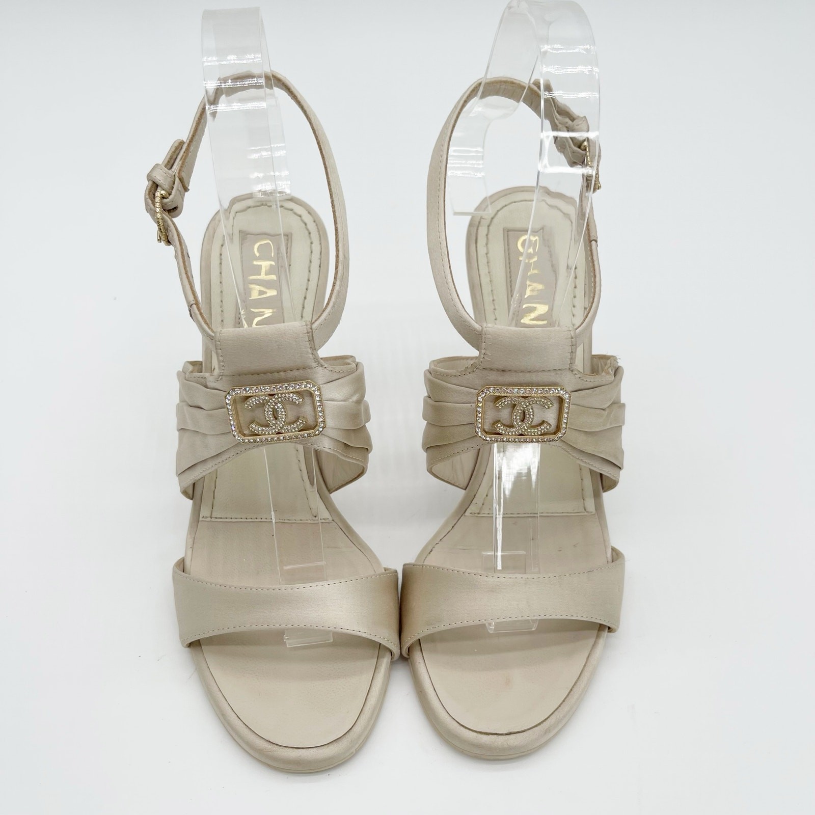 Chanel S/S 2023 Beige Satin Crystal CC Logo Ankle Strap Sandal Heels EU 36