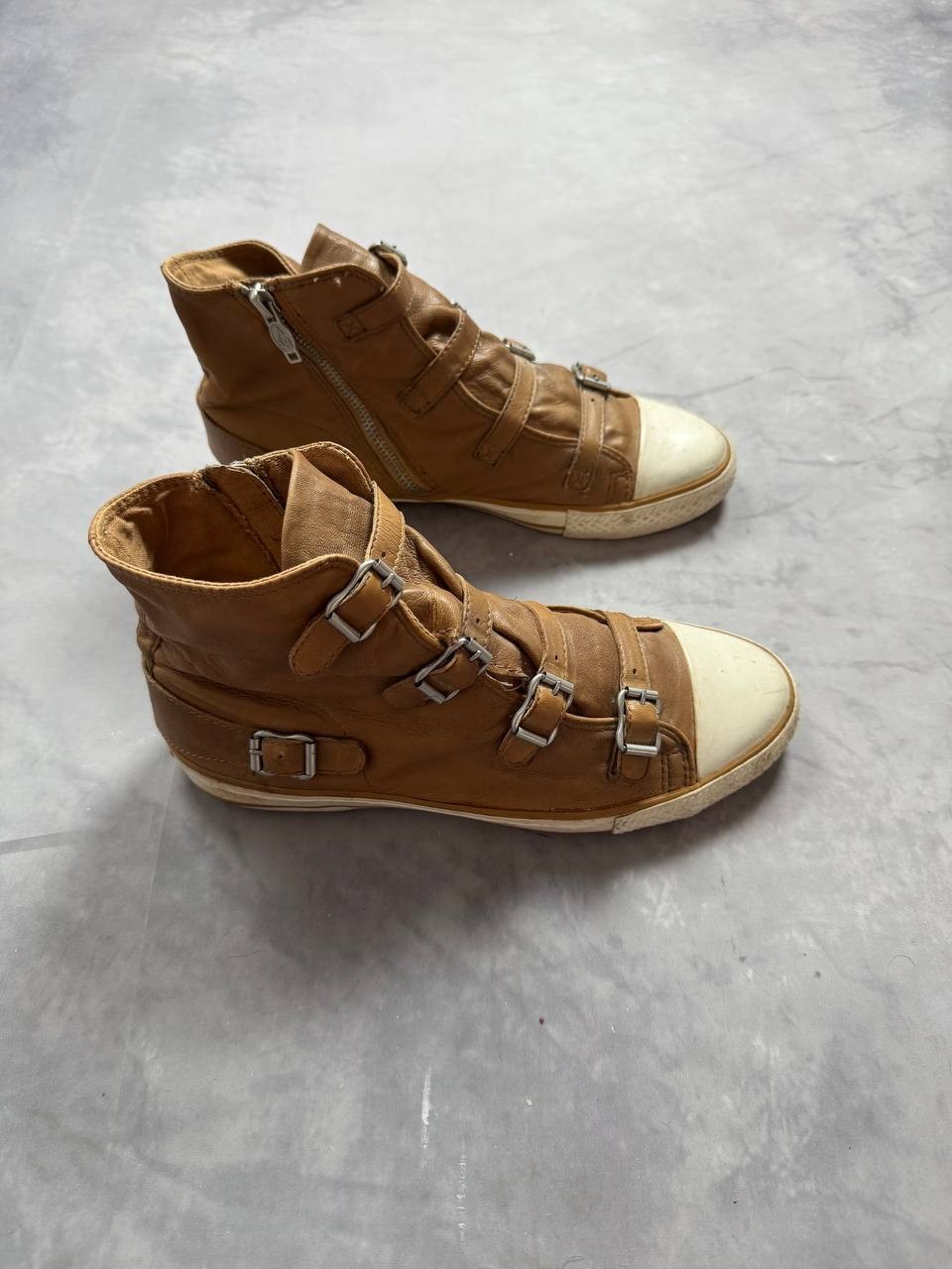ASH Limited Brown Leather High Top Sneakers Buckle Strap Zip Women EU 40