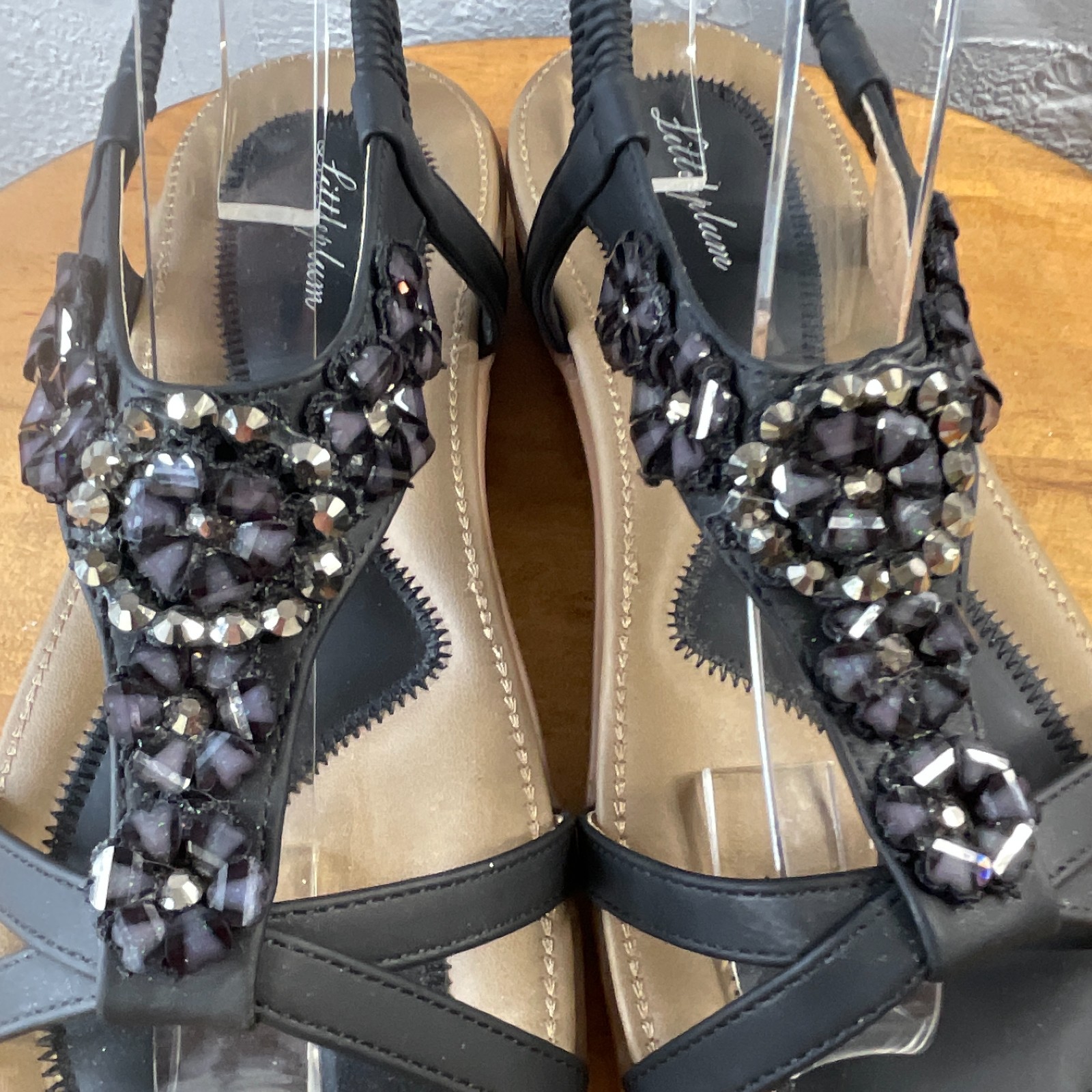 Lifestride Sandals Womens 10 Black Beaded Rhinestone Slingback Boho Resort Beach
