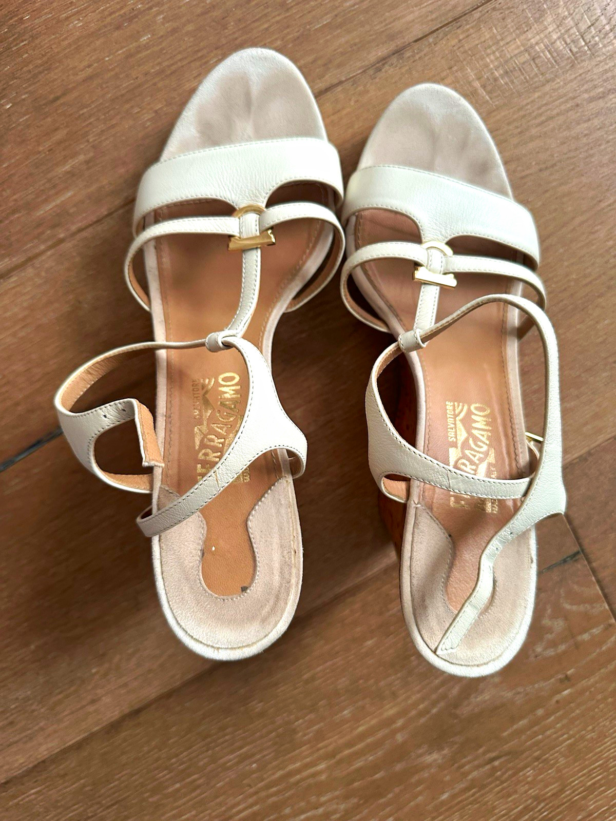 Salvatore Ferragamo Women’s White Leather Wedge Sandals Ankle Strap US 10B