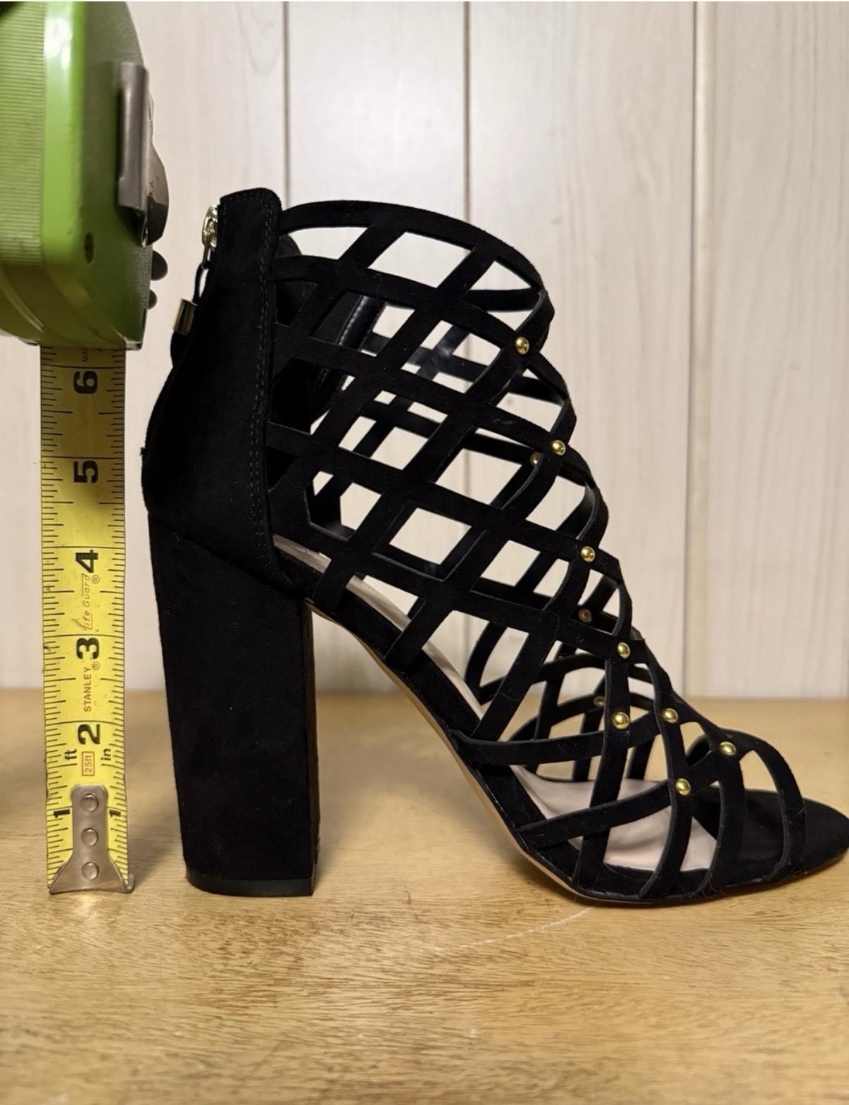 n by Nicole Miller Black Suede Strappy Studded Block Heel 10M