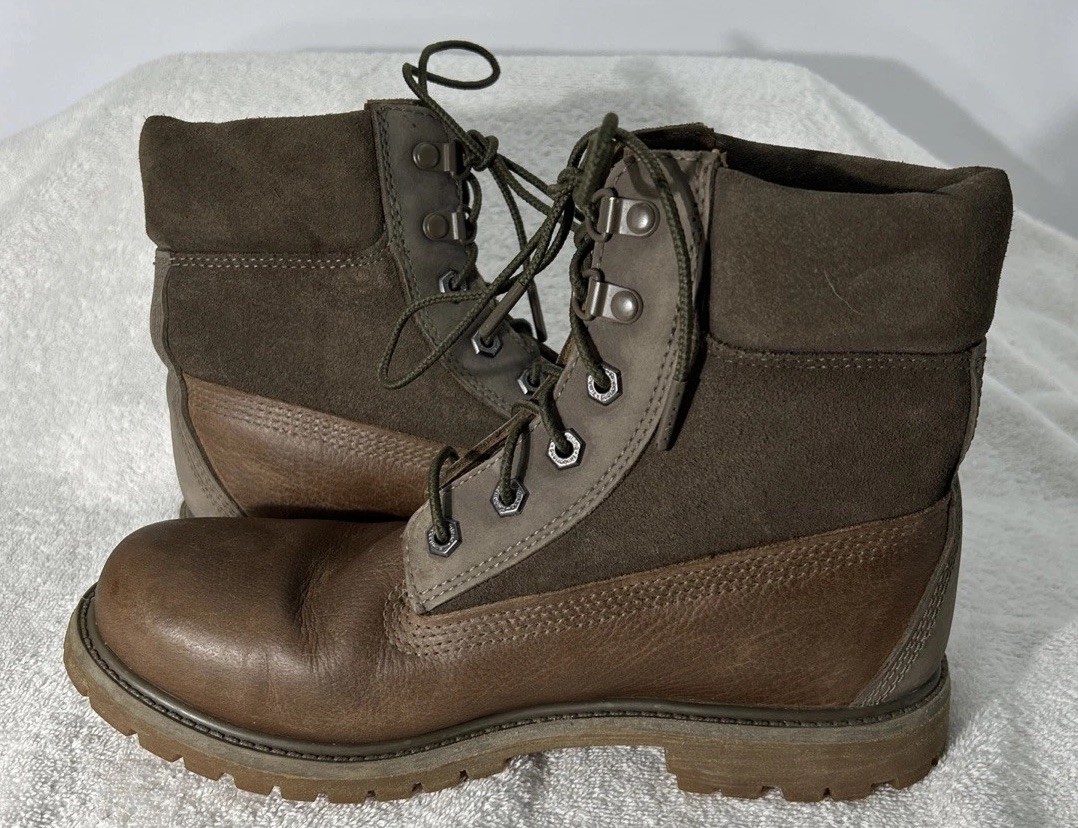 Timberland 6″ Premium Womens Size 9 Brown Gray Leather Suede Boots A19C2 GUC