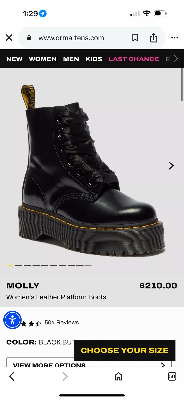 Dr. Martens Molly Women’s Black Leather Platform Ankle Lace-Up Boots US 9