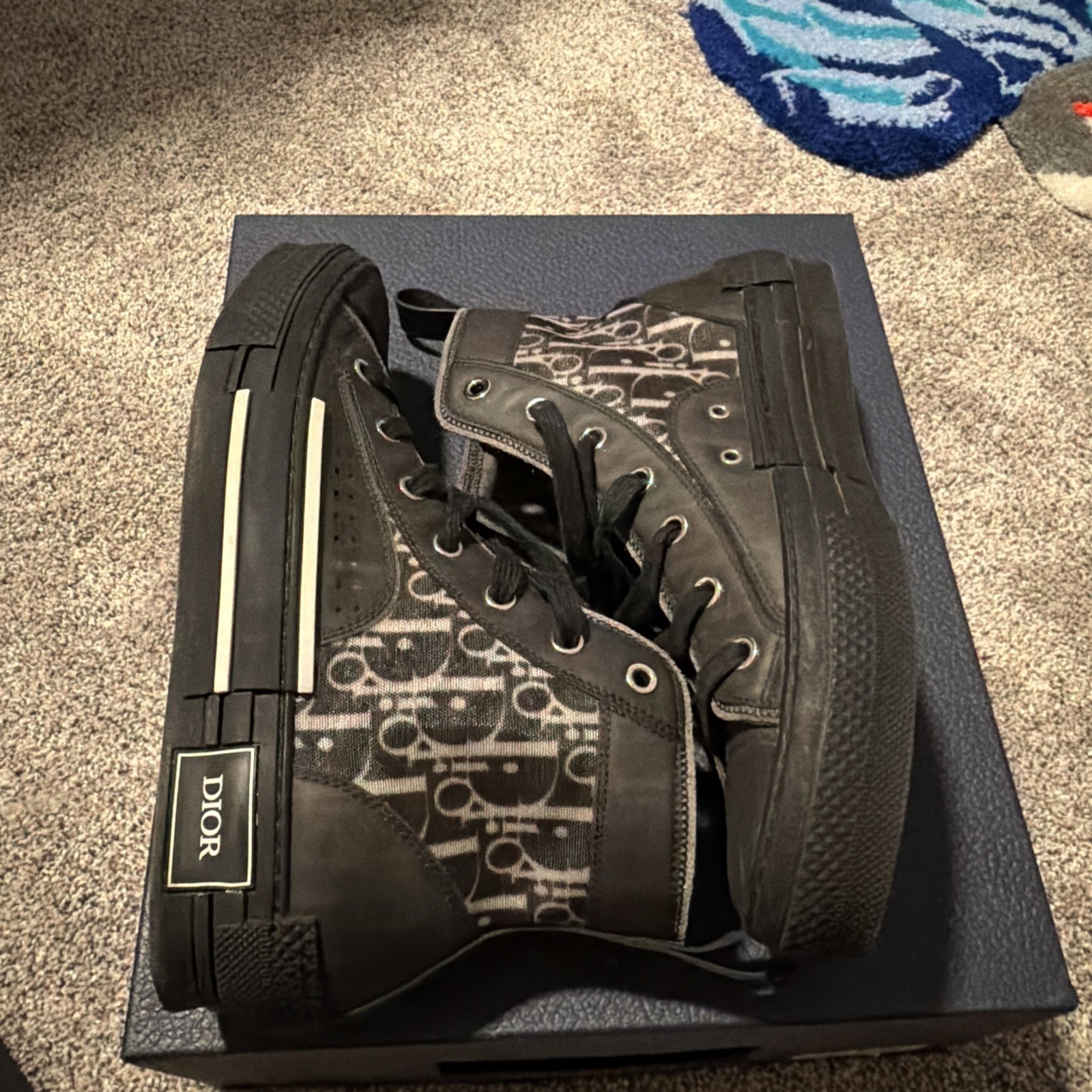 Authentic DIOR B23 Oblique Canvas Black Calfskin High Top Sneakers Shoes sz 38