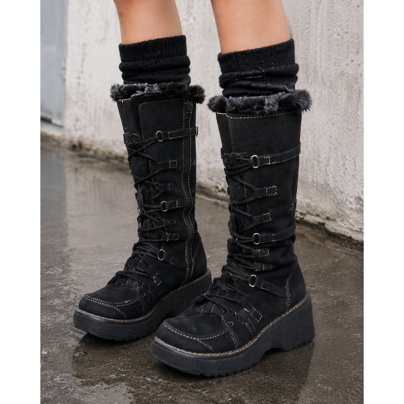 Vtg Y2K Boots Womens 40 Black Suede Faux Fur Platform Chunky Heel Emo Whimsigoth