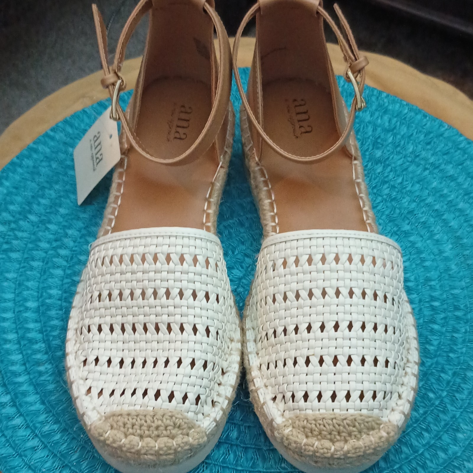 a.n.a Tan White Woven Espadrille Sandals Ankle Strap Buckle Women’s US 9.5 M