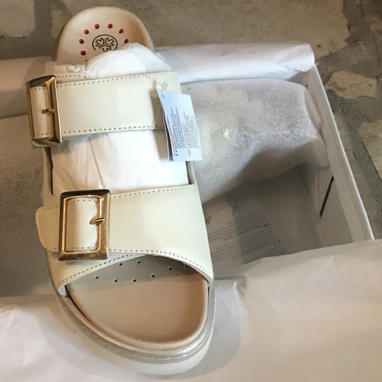Mobils Ergonomic Off White Leather Slide Sandals Buckle Adjustable Strap 8