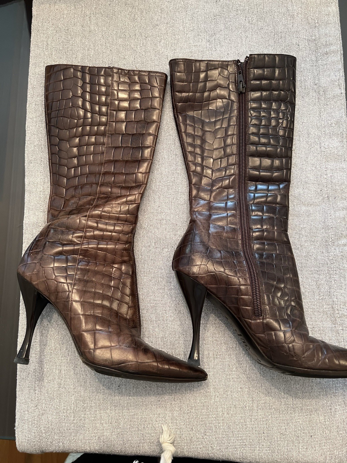 Via Spiga Brown Leather Mid Calf High Stiletto Boots Pointed Toe Side Zip 7M