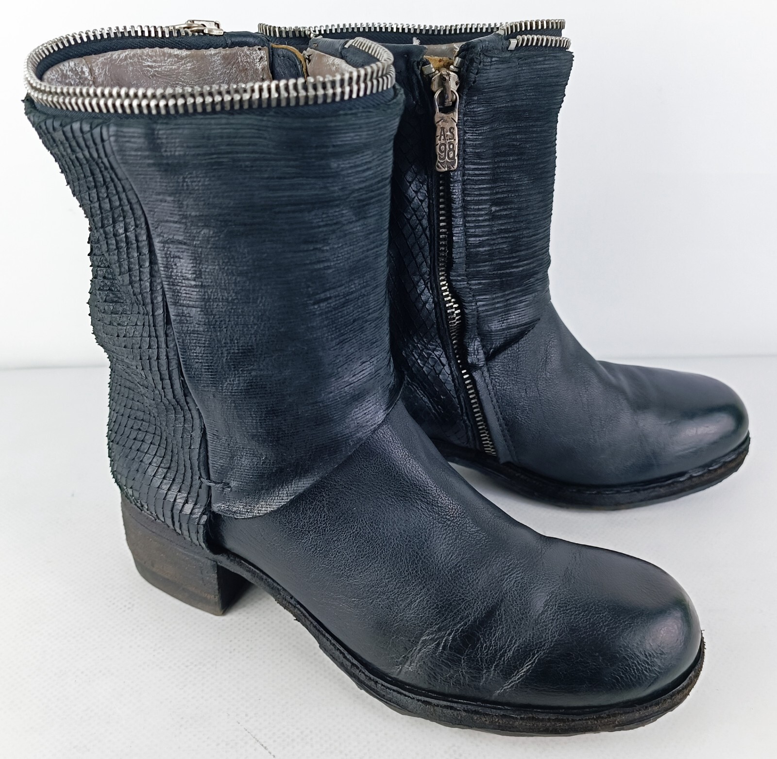 A.S.98 AirStep Womens Black Micro-textured Leather Biker Boho Boots Size EU 37