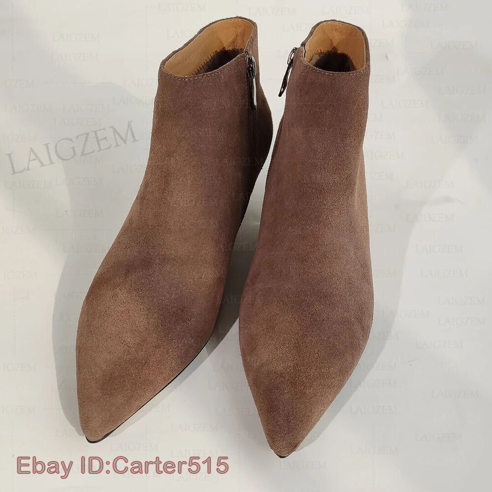 Women Ankle Boots Suede Pointed Toe Side Zip 3.5CM Kitten Heels Short Booties Ha