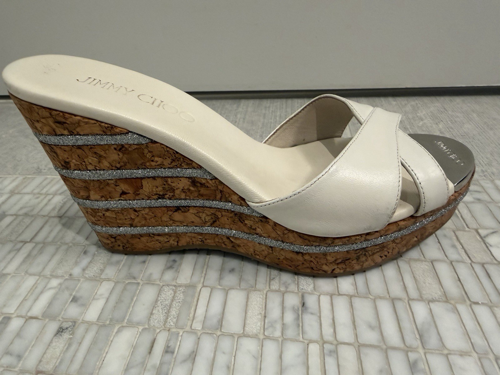 Jimmy Choo Women’s Wedge Sandals Silver Sparkly Striped Platform Leather Used 6