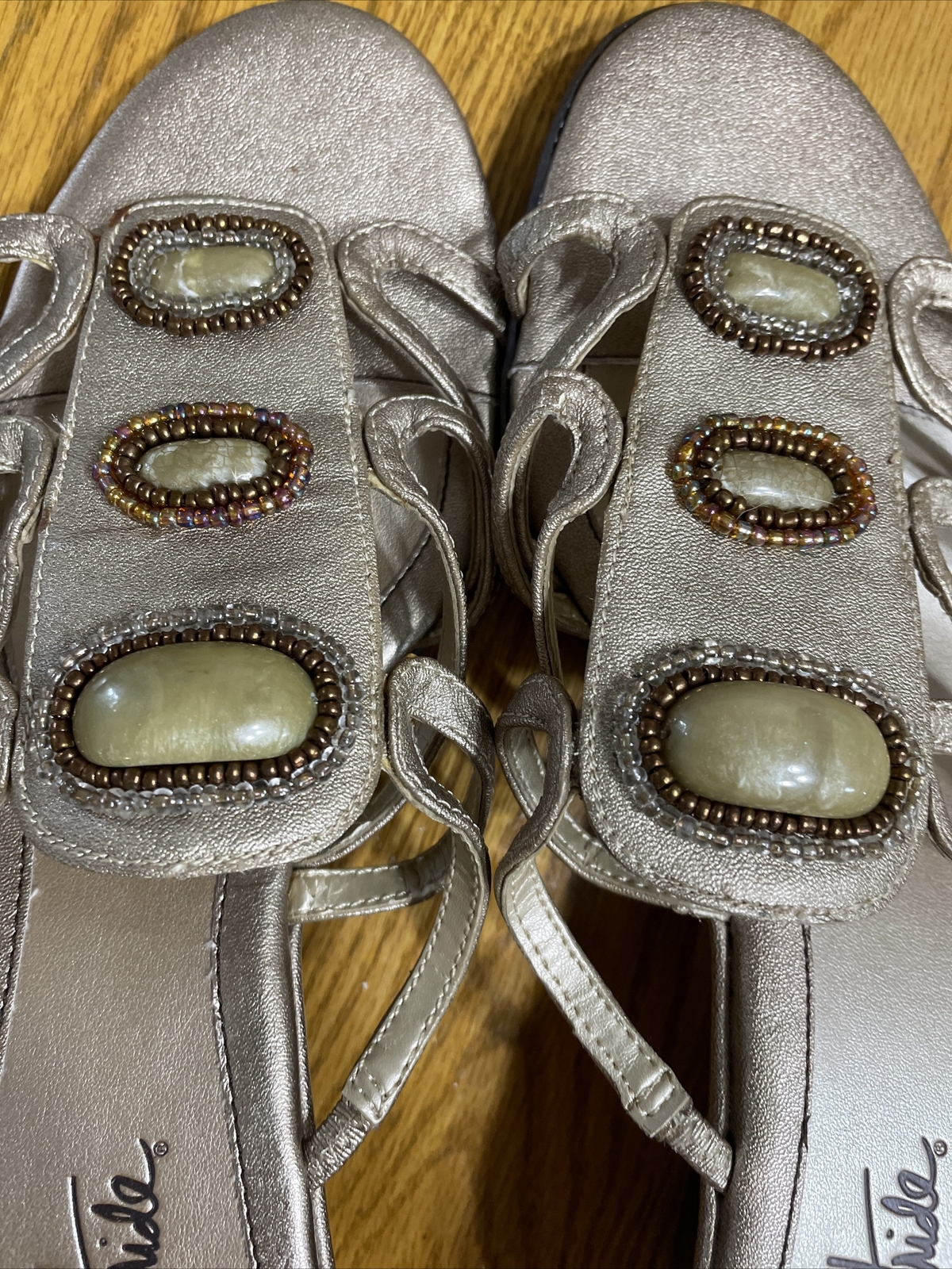Life Stride Size 10 M Urban Brown Gold Bead Strappy 2.5in Wedge Heel Sandal