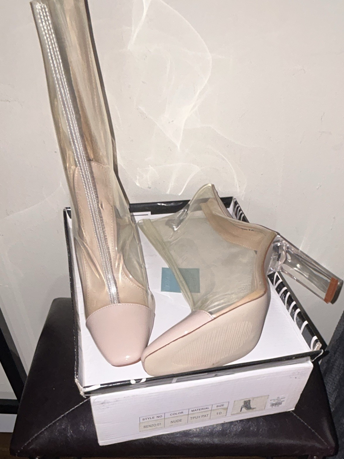 Clear Nude PVC Ankle Bootie Boots Zip Closure Almond Toe Block Heel RENZO-01