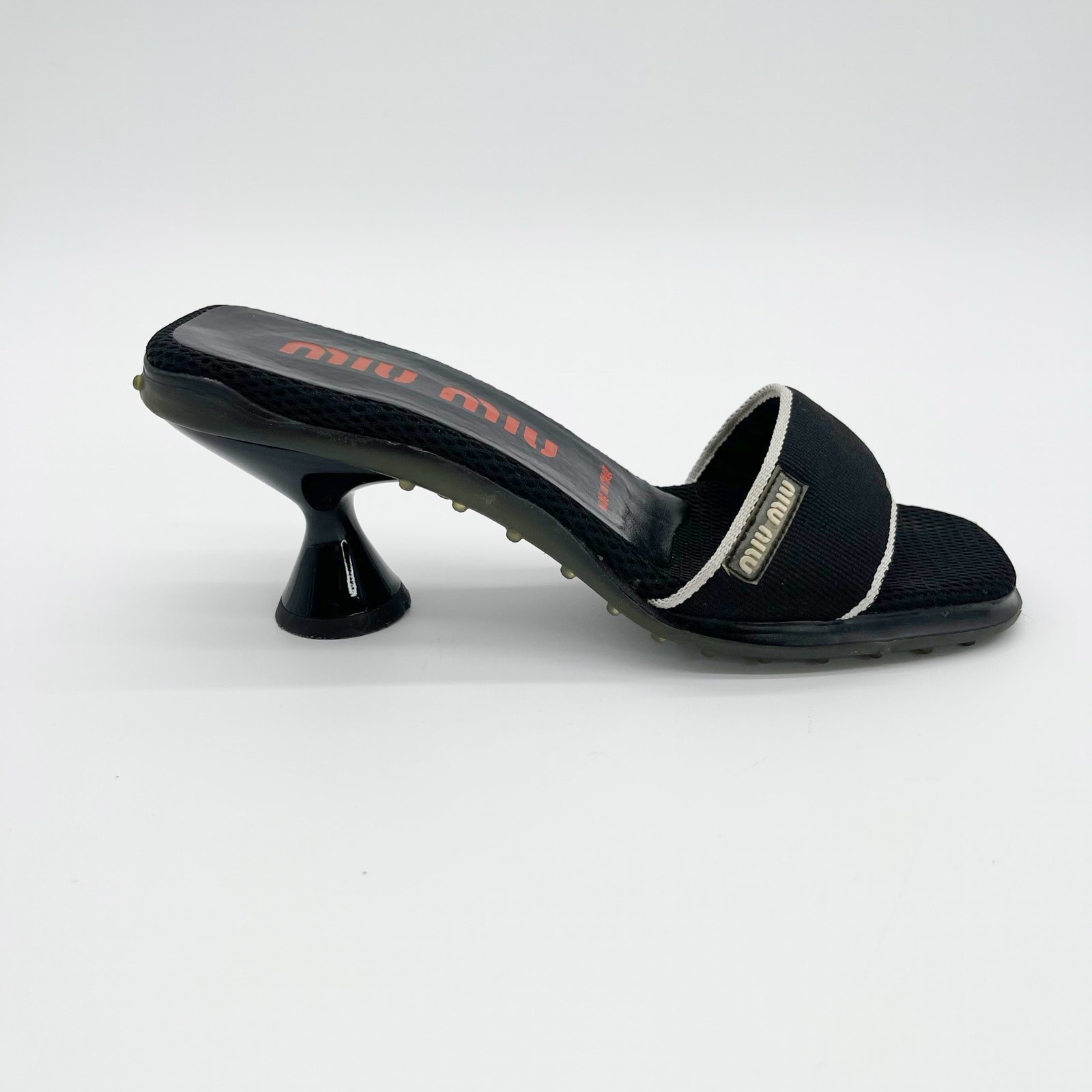 Miu Miu 90s y2k Black Mesh Logo Bubble Sole Kitten Heel Mules Slides IT 36.5