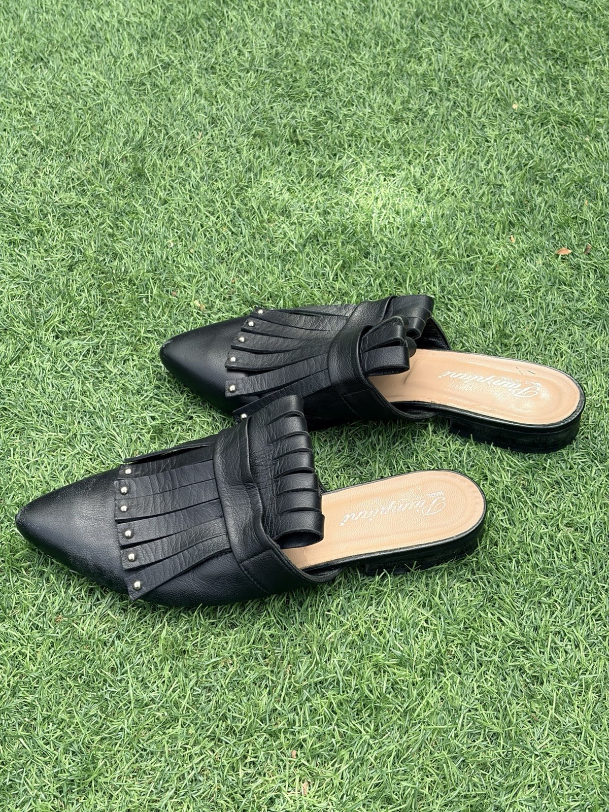 Piampiani Black Leather Pointed Toe Slip-On Slide Mule Flats Fringe Stud EU38