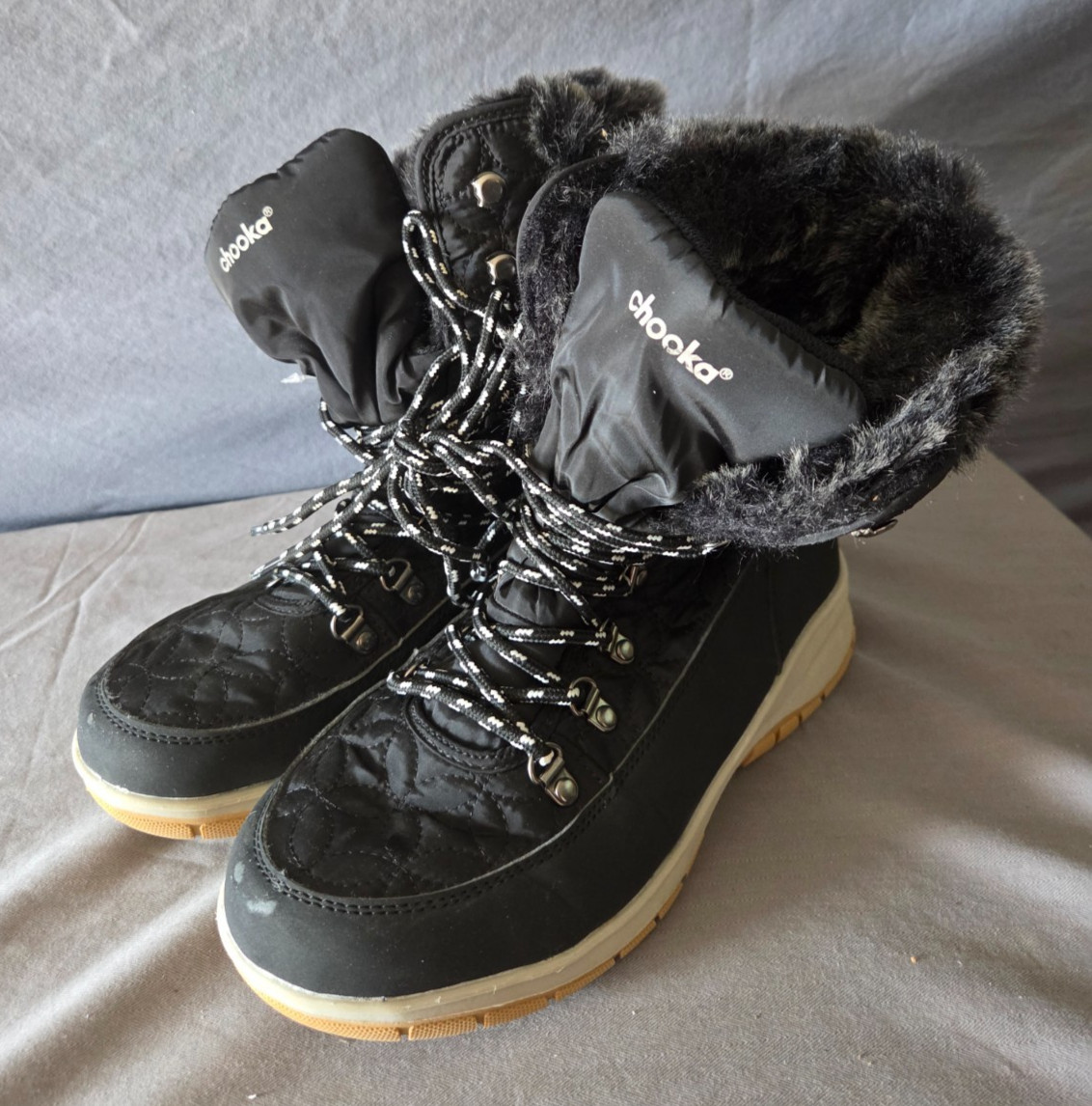 Chooka Belltown Mid Faux Fur Womens Boots Color Black Size 8 Worn Once Lace Up