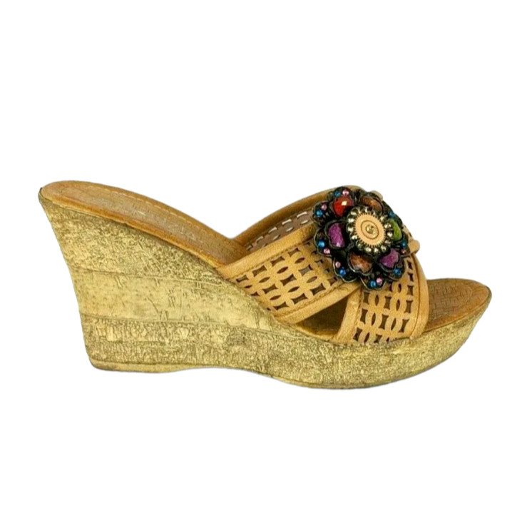 Patrizia by Spring Step Bell Tan Embellished Slide Wedge Sandals EU 40 / US 9