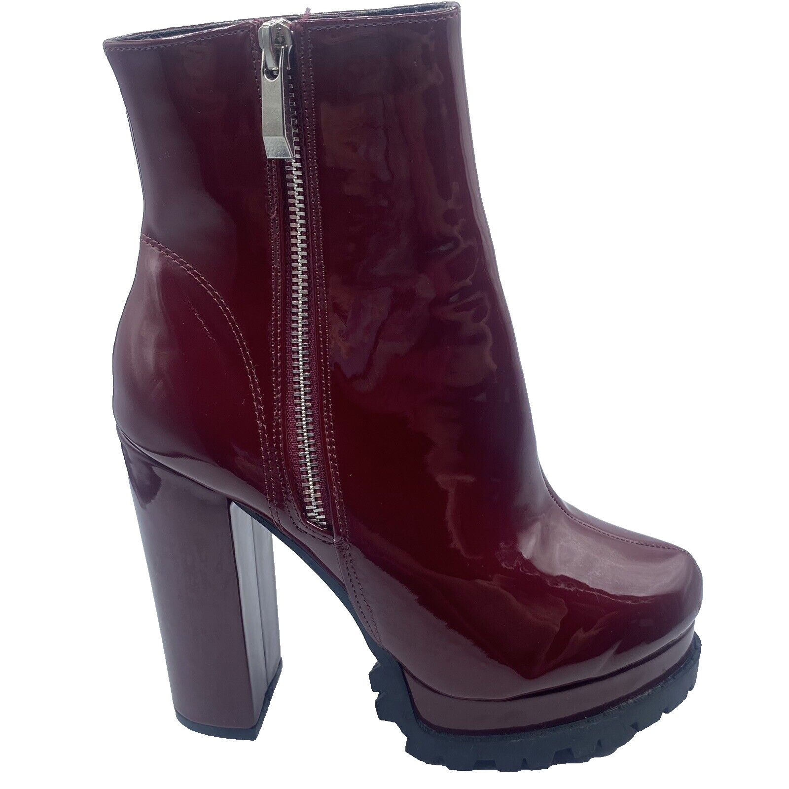 Women’s Burgundy Wine Maroon She & In Chunky Heel Zippered Boots Mod Y2K Sz 7.5