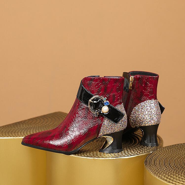 Women Fashion Formal Leather Buckle Pearls Pointed Toe Comfort Ankle Boots Shoes