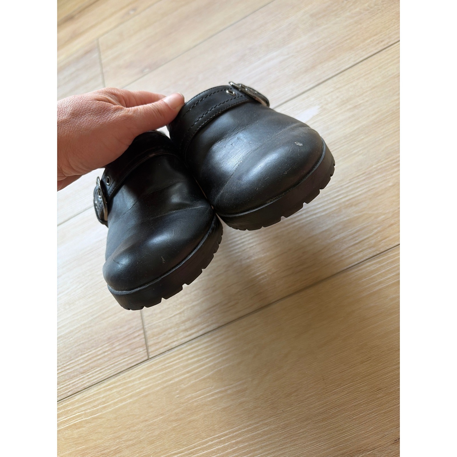 Rebels Black Platform Clogs Buckle Strap Lug Sole Plaid Lined Mules Womens 8 Y2K