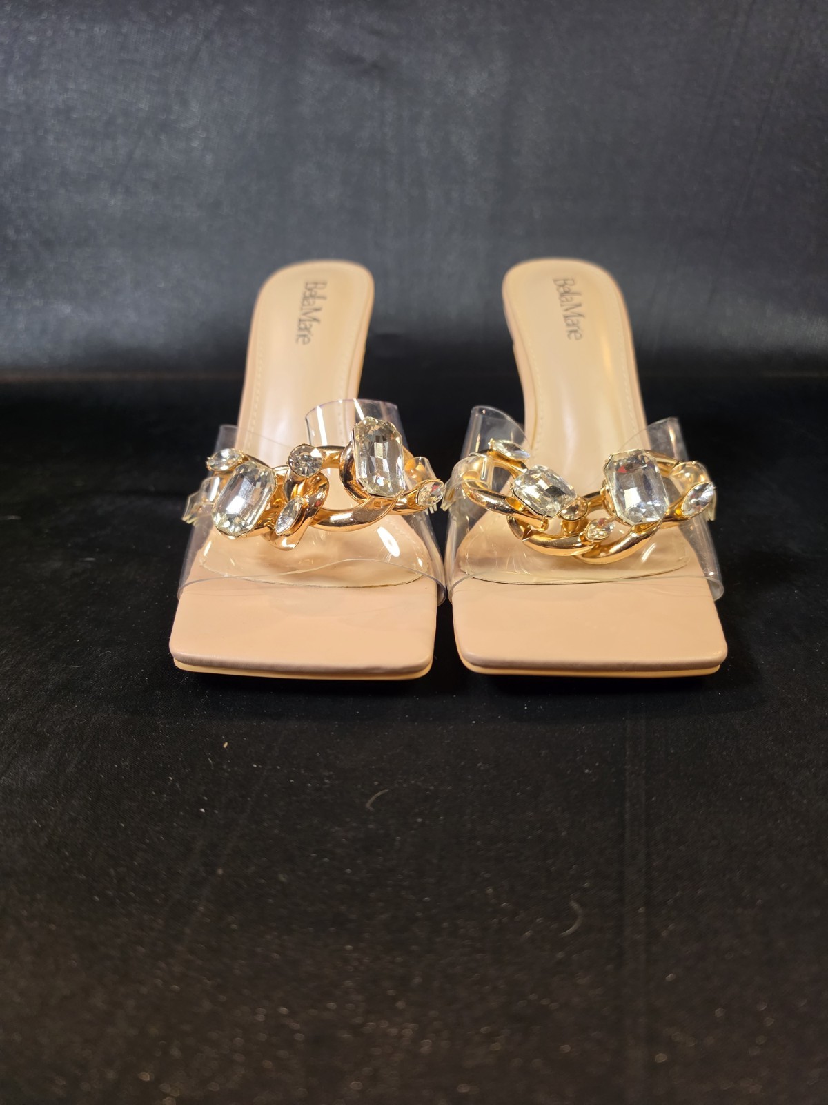 Bella Marie LUCA-4 Women’s Size 9 Nude Clear Rhinestone Mule Heels Square Toe