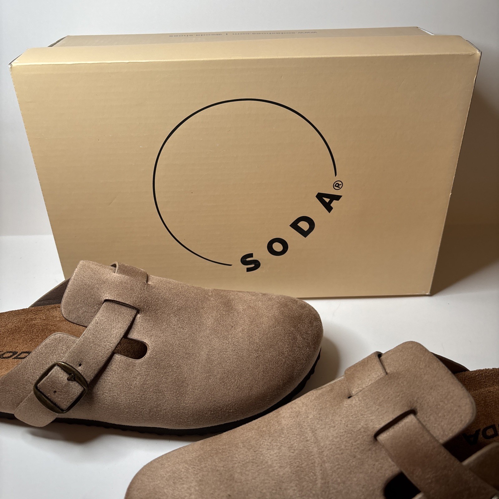 Soda Beige Faux Suede Buckle Comfort Clog Shoes Women Slip On Flat