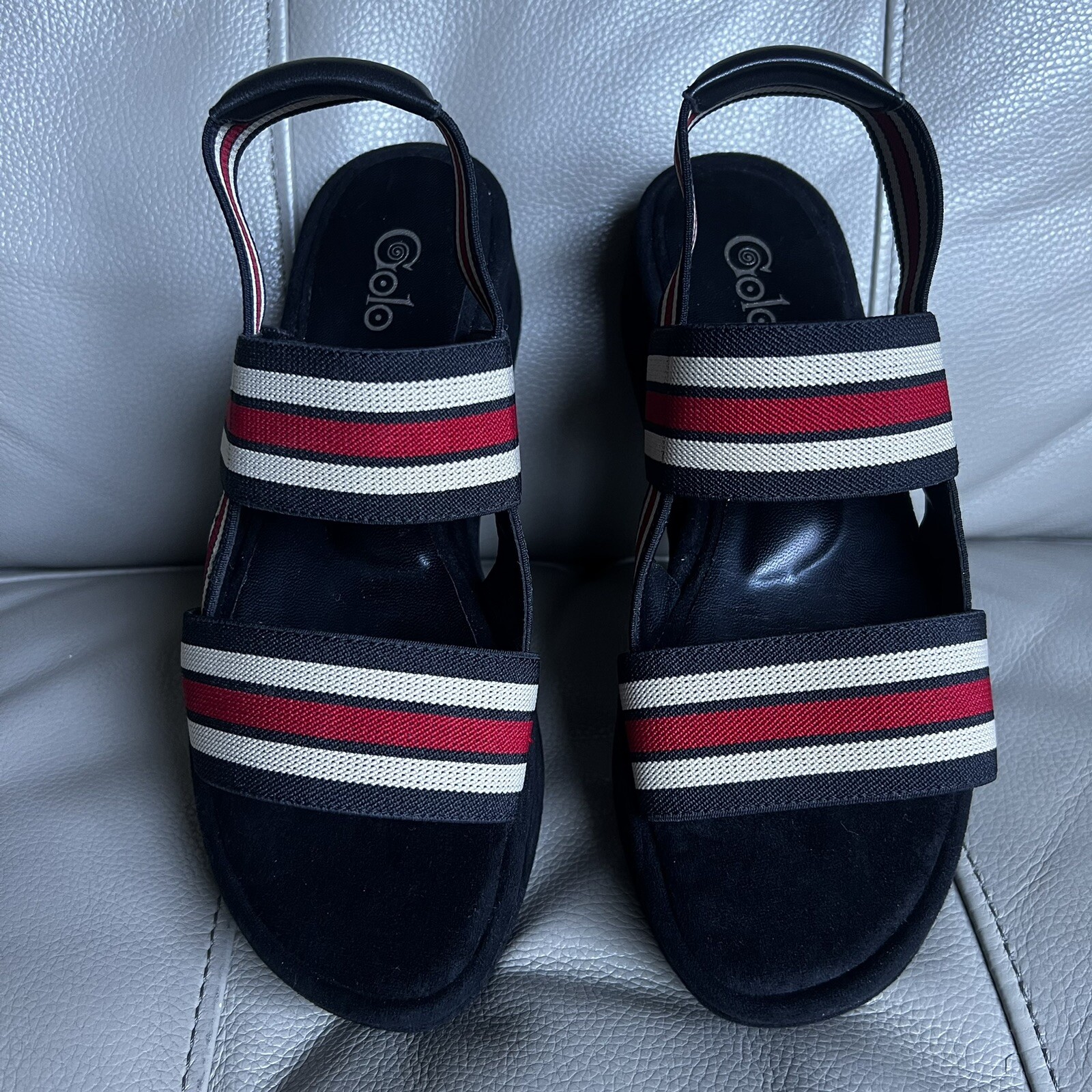 Golo Baird Elastic Strap Platform Sandal Sz 7 Black Red White Chunky Striped