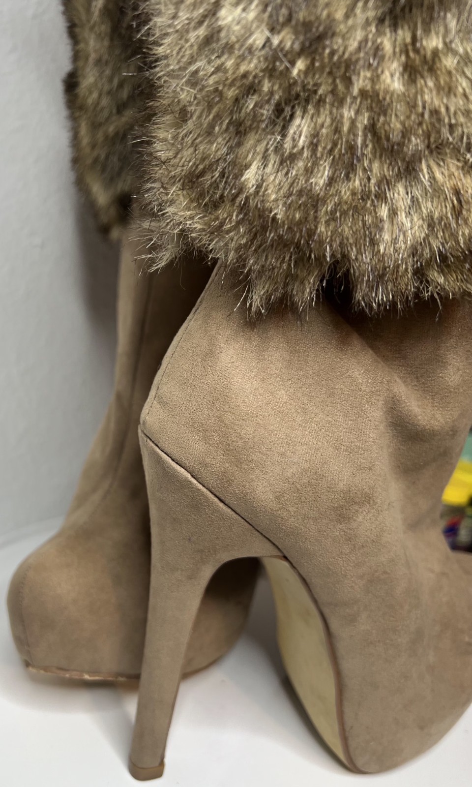 Women’s Faux Fur Booties Taupe/Beige Round Toe Double Buckle Fur Trim 6.5