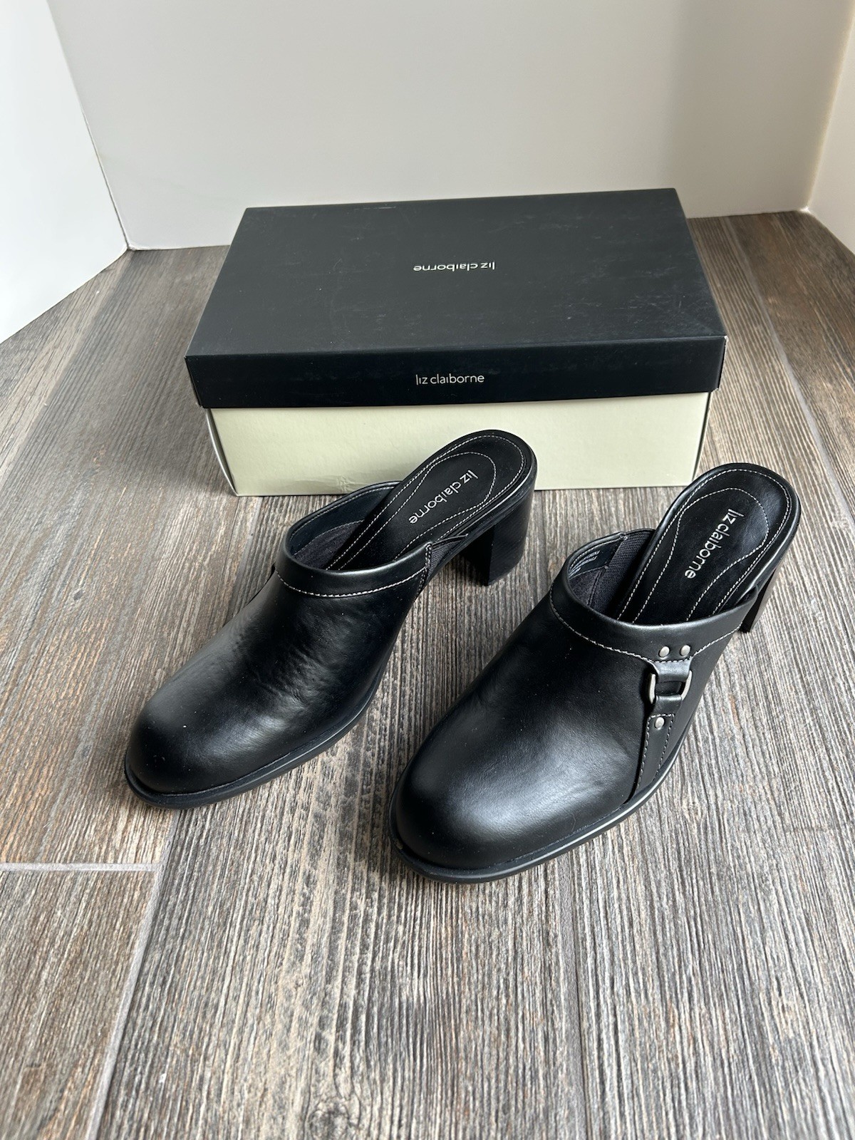 NIB Vintage Liz Claiborne «Wheeler» Sz 8M Black Leather Slip On Mule 2.5 » Heel