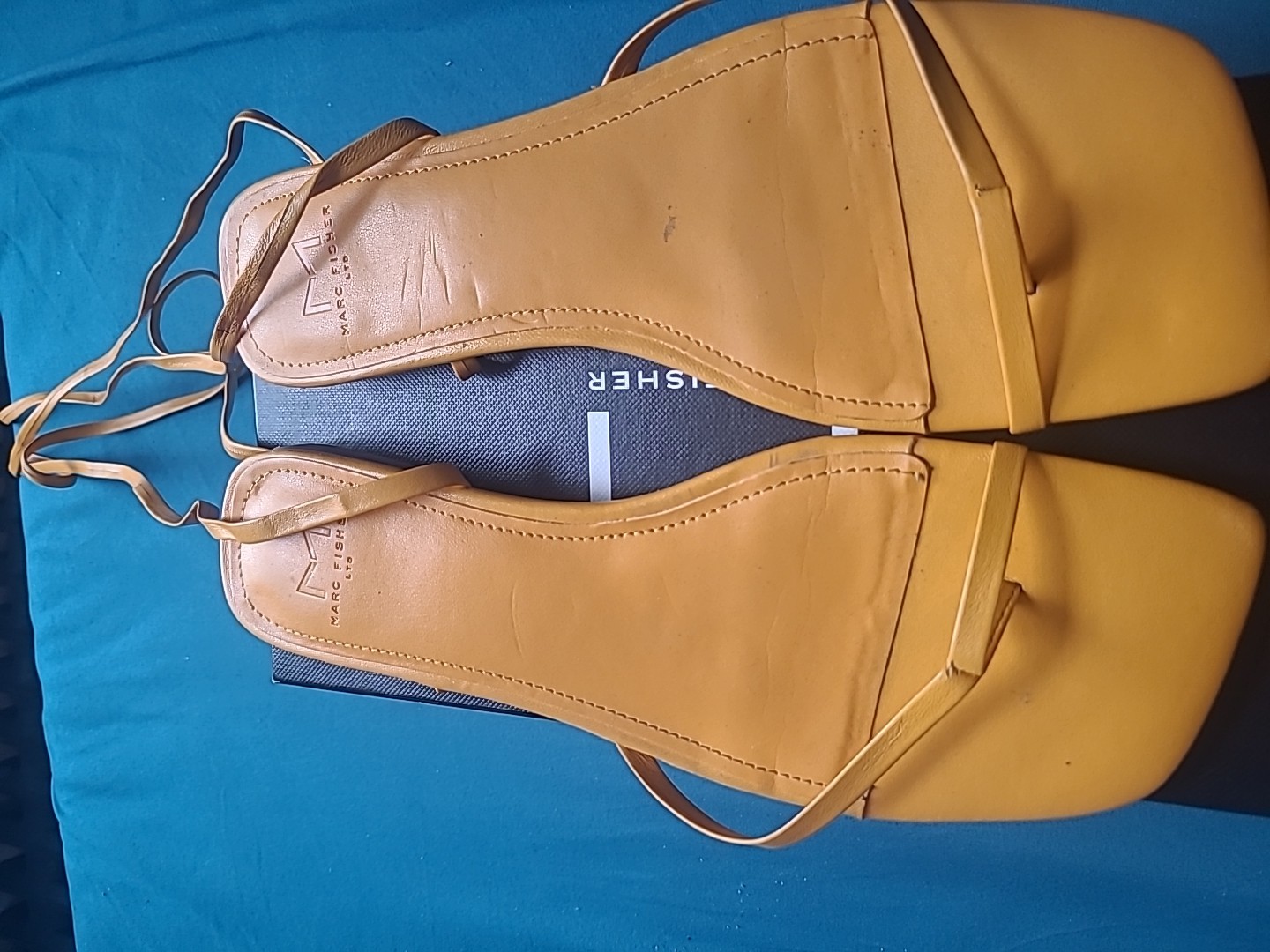 Marc Fisher Ltd Mireya Orange 800 Size 8.5 W Leather Flap Ankle Wrap Sandals
